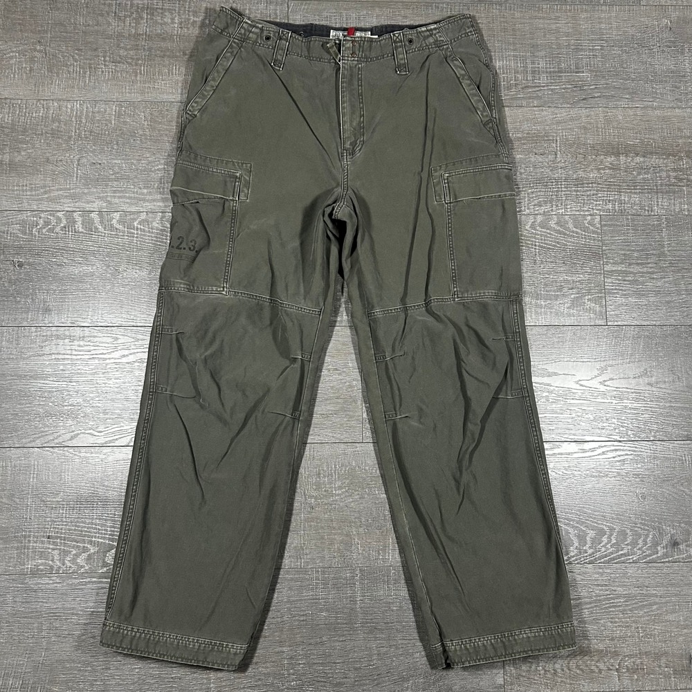 Vintage Old Navy Mens Baggy Cargo Pants Olive Green Military Stencil 36x32 Y2K‎